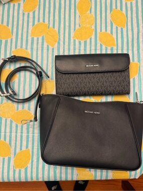 New Michael Kors Black Leather Crossbody with Matching mini crossbody